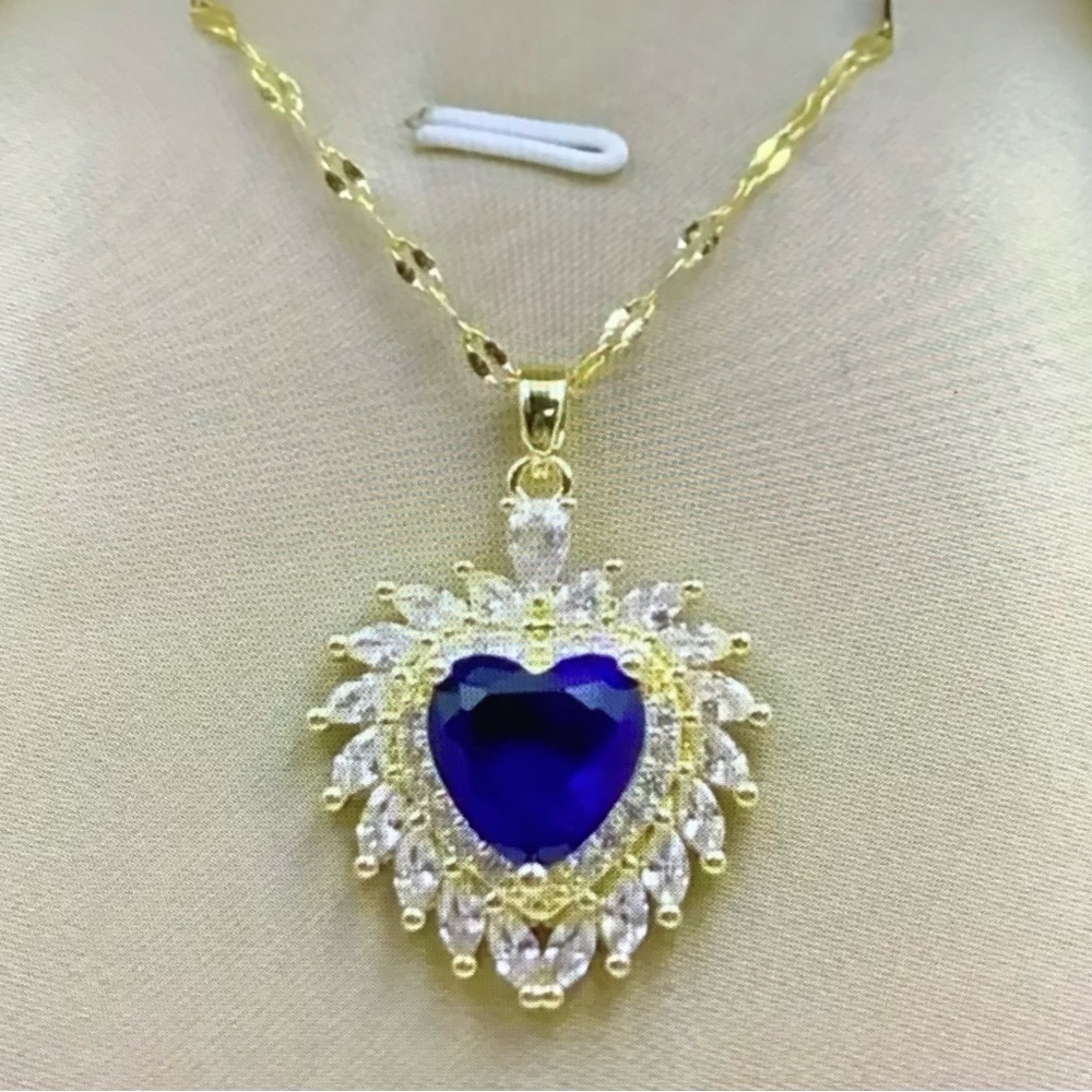 Blue and Gold Heart Pendant Necklace with Sparkling Accents